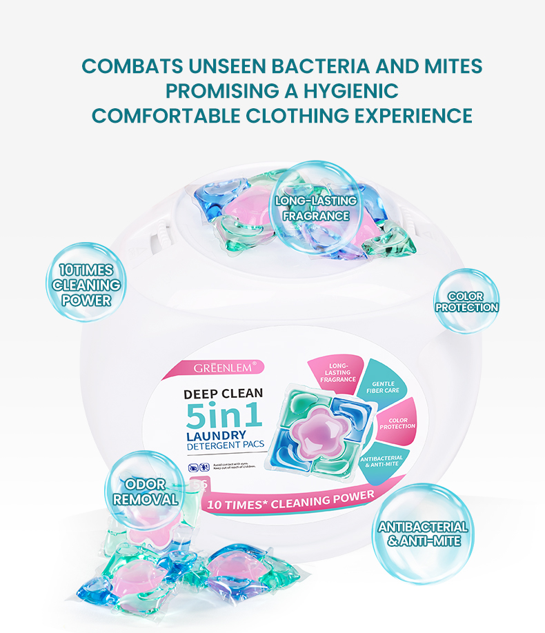 High Quality 5-in-1 Satin Removal DisposableDetergent Capsules Biodegradable Laundry Pods folApparel OEM Private Label Solid(pic3)