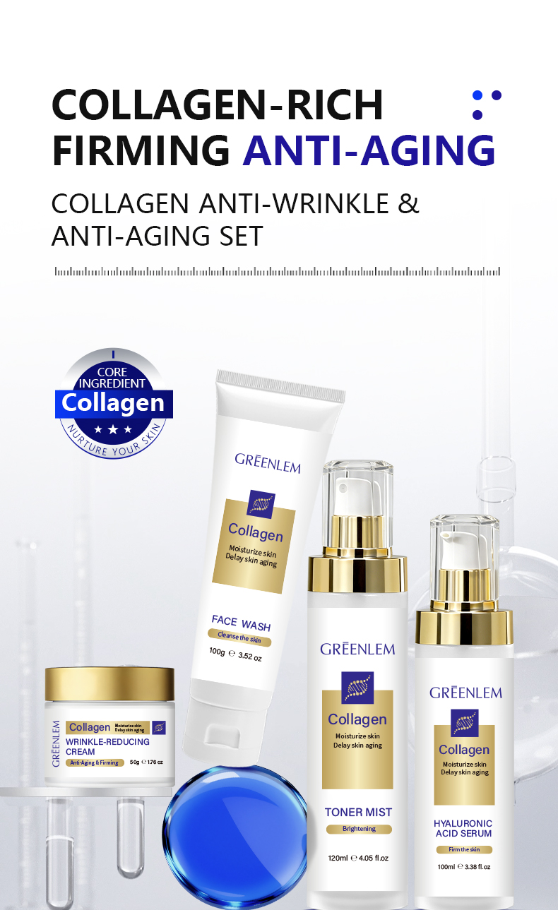 GREENLEM Factory Supply Anti Wrinkle Anti Aging Vitamin C Collagen Hyaluronic Acid Face Serum Set Firming Lifting Home Use(pic1)