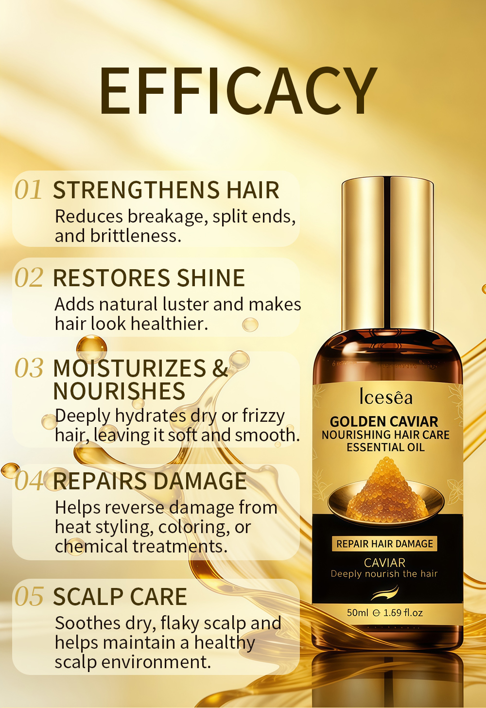 Icesea Golden Caviar Essence Hair Repair Serum Strengthens Roots Nourishes Dry/Damaged Hair with Long-Lasting Shine(pic3)