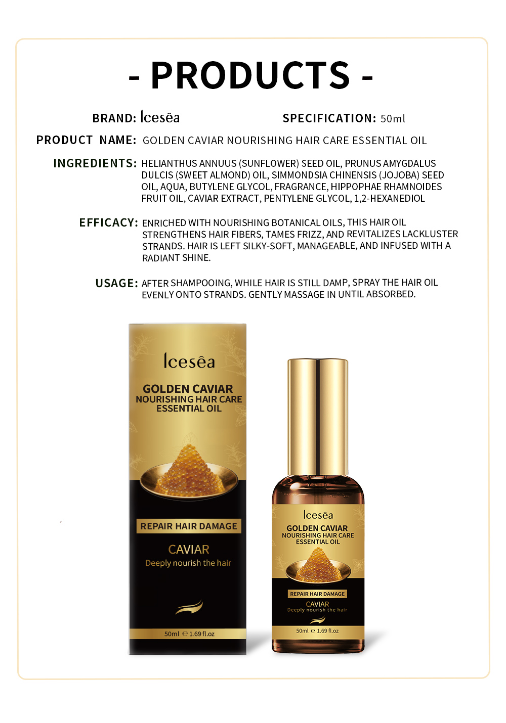 Icesea Golden Caviar Essence Hair Repair Serum Strengthens Roots Nourishes Dry/Damaged Hair with Long-Lasting Shine(pic5)