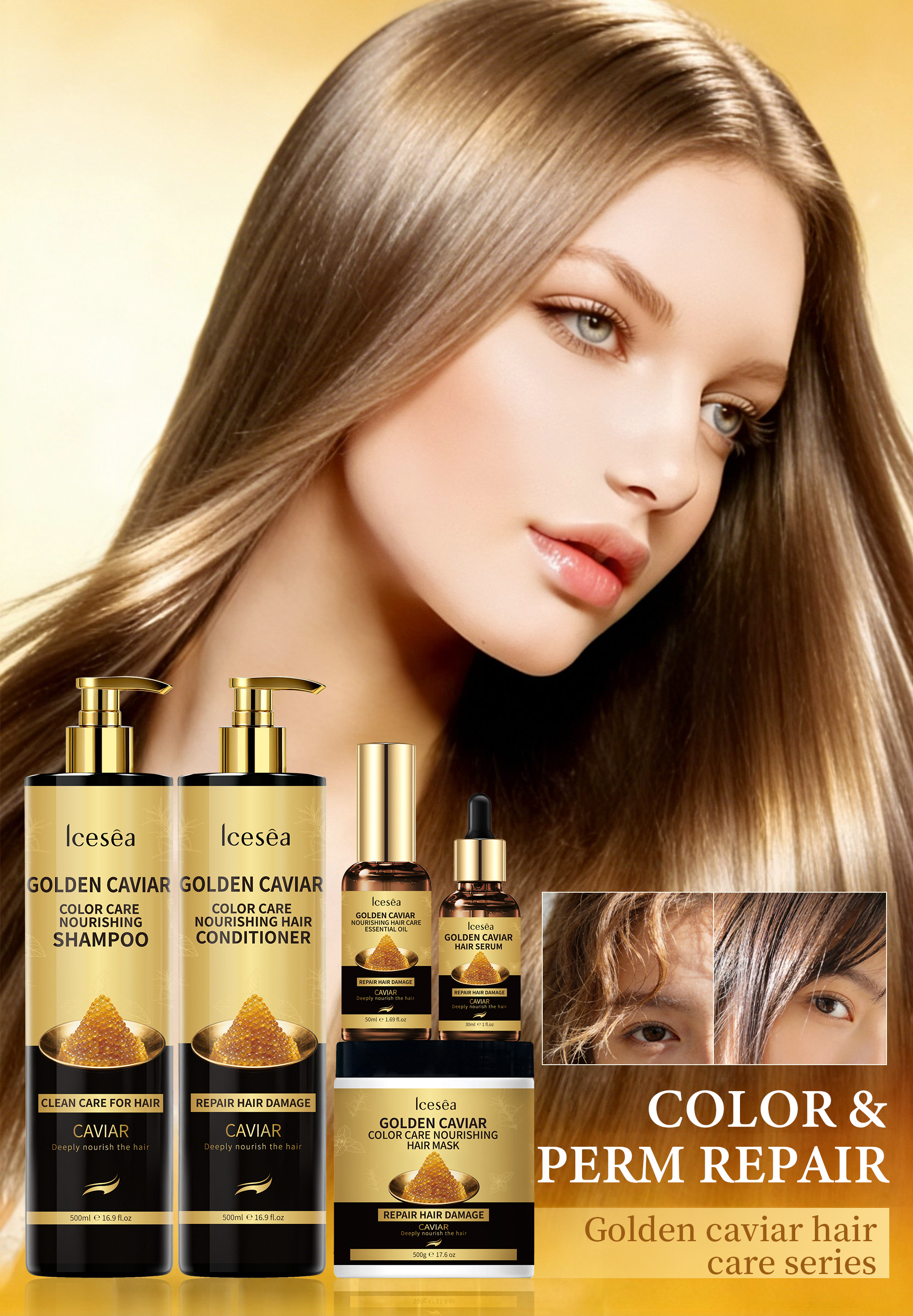 Icesea Golden Caviar 5-in-1 Hair Care Set Strengthening Shampoo Conditioner Serum Oil & Nourishing Mask for Damaged Hair(pic1)