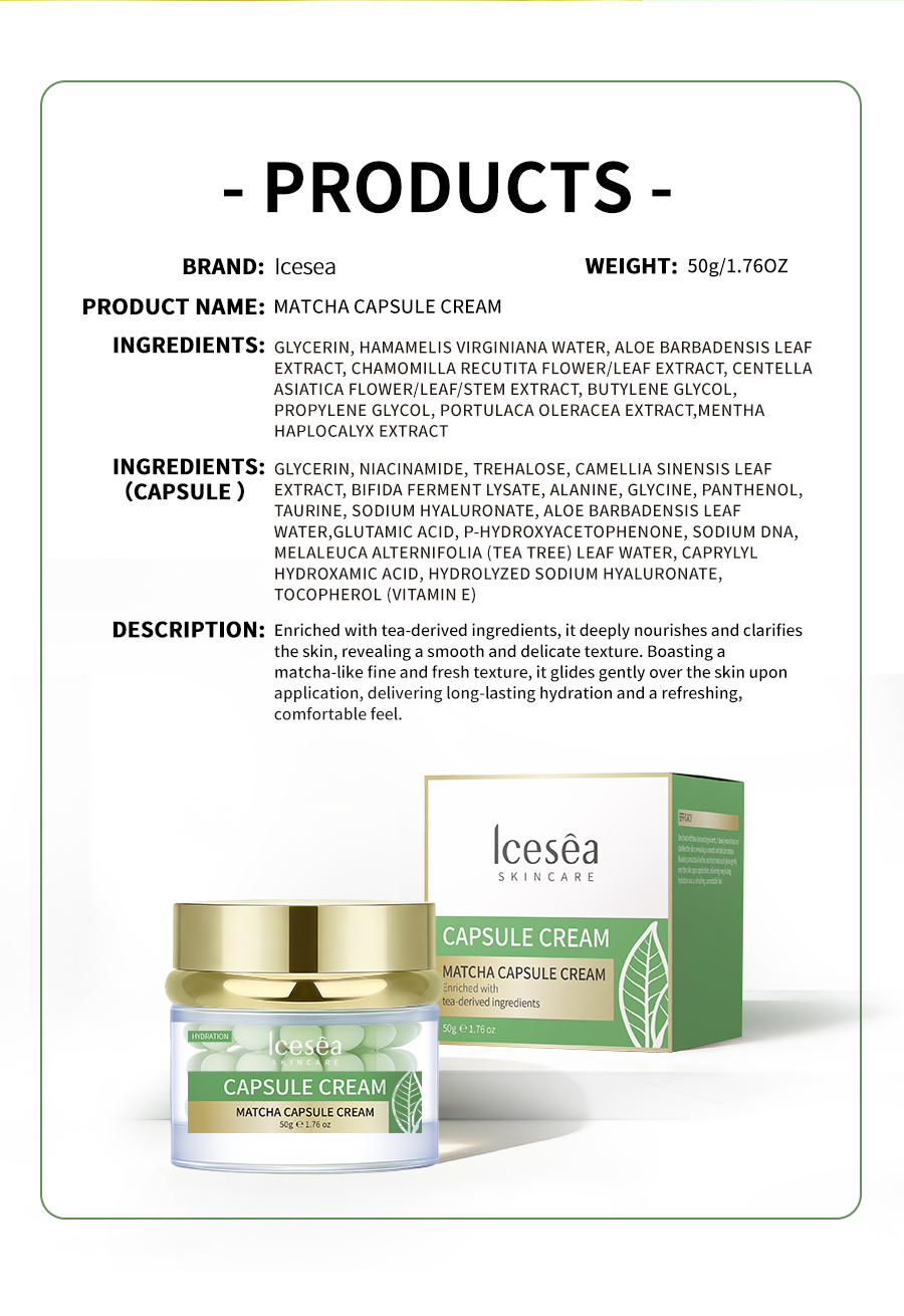 OEM: Matcha Capsule Cream Hydrating Facial Moisturizer with Soothing Green Tea Extract for Smooth Bright Skin Care Benefits(pic5)