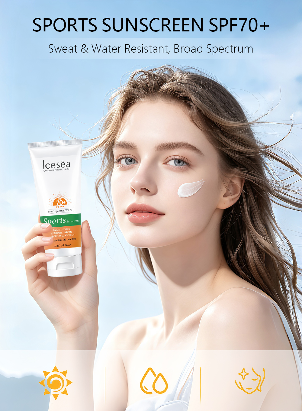 OEM Sports Sunscreen SPF70+ PA+++ Water Resistant Sweat Proof Gentiana Scabra Root Extract Soothing for Active Outdoor Use(pic1)