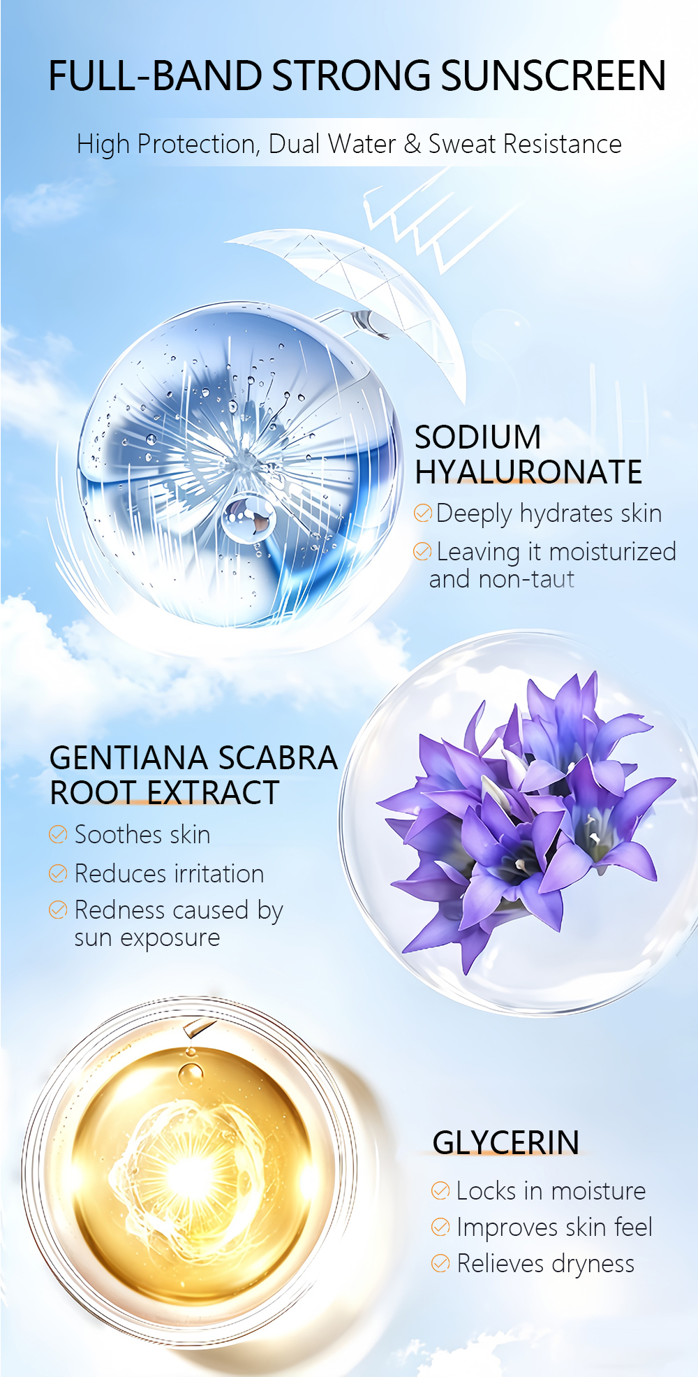 OEM Sports Sunscreen SPF70+ PA+++ Water Resistant Sweat Proof Gentiana Scabra Root Extract Soothing for Active Outdoor Use(pic4)