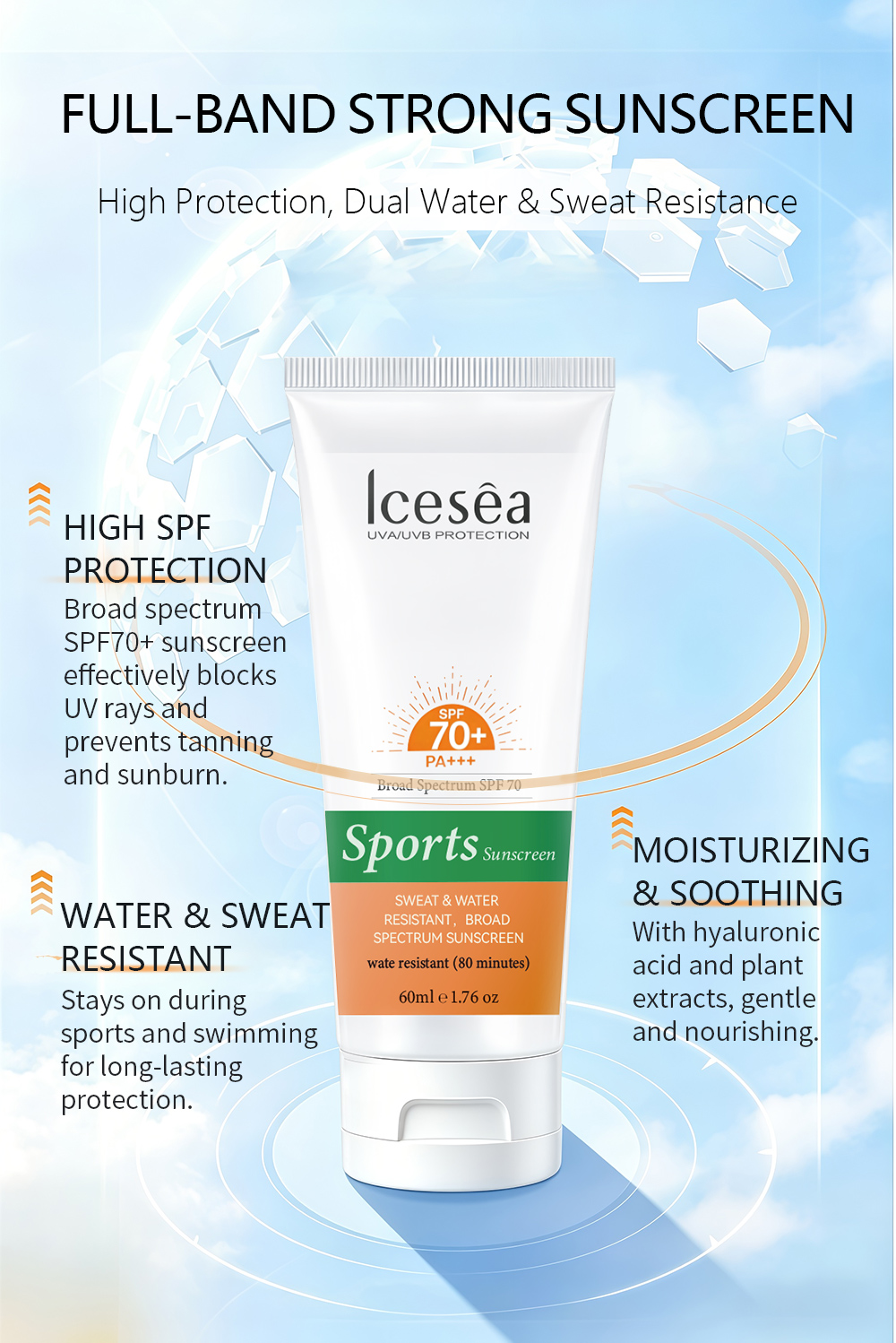 OEM Sports Sunscreen SPF70+ PA+++ Water Resistant Sweat Proof Gentiana Scabra Root Extract Soothing for Active Outdoor Use(pic3)