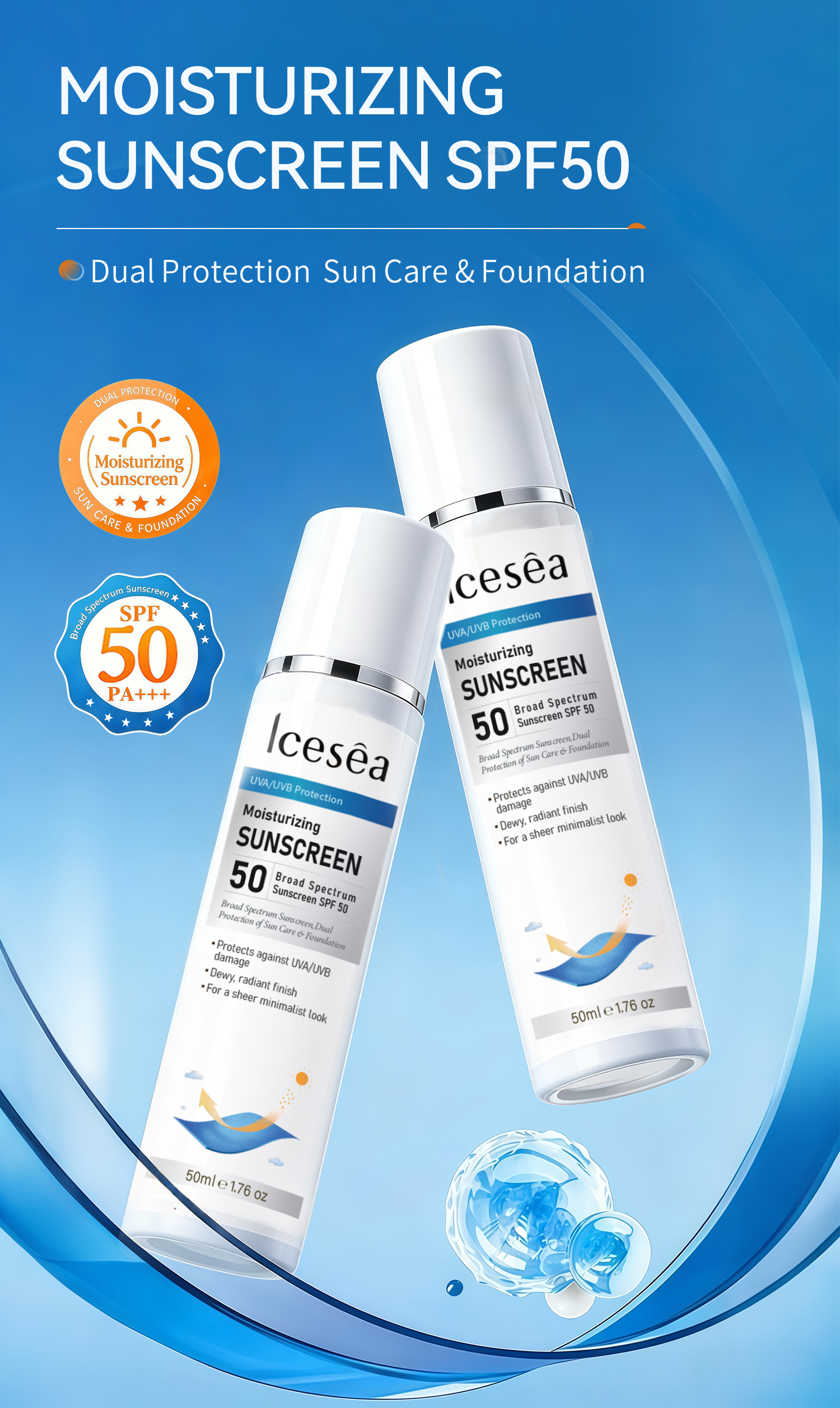 OEM Moisturizing Sunscreen SPF50 Face Cream Broad Spectrum UV Protection Gentiana Extract Soothing for All Skin(pic1)