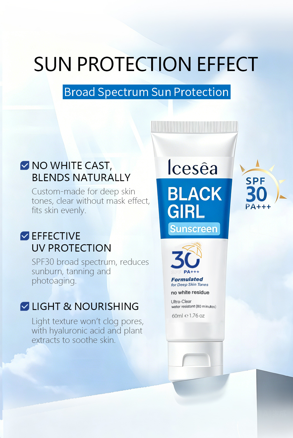 OEM SPF 30 PA+++ Sunscreen for Dark Skin No White Cast Anti Dark Spot Hyperpigmentation Gentiana Hyaluronic Acid(pic3)