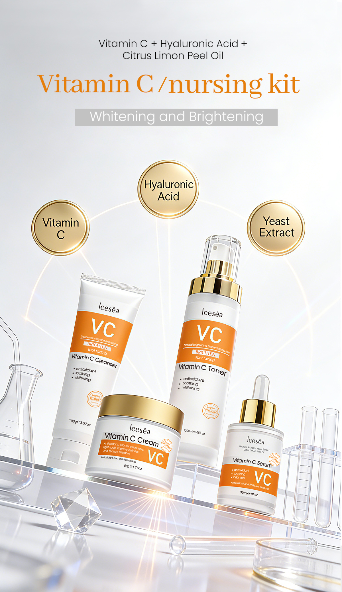 Private Label Vitamin C Skin Care Set 4-in-1 Cleanser Toner Serum Brightening OEM Kit(pic1)