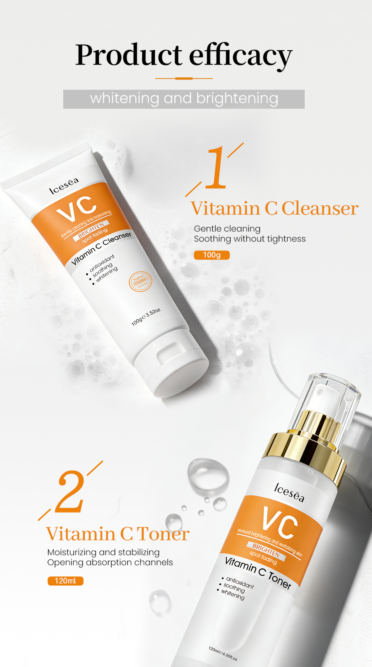Private Label Vitamin C Skin Care Set 4-in-1 Cleanser Toner Serum Brightening OEM Kit(pic4)