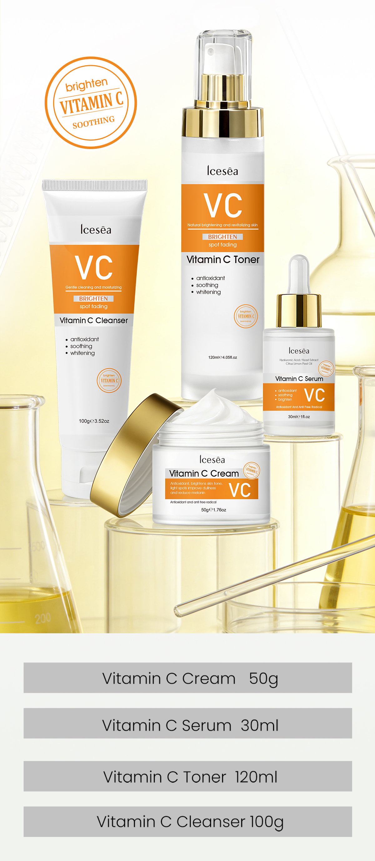 Private Label Vitamin C Skin Care Set 4-in-1 Cleanser Toner Serum Brightening OEM Kit(pic8)