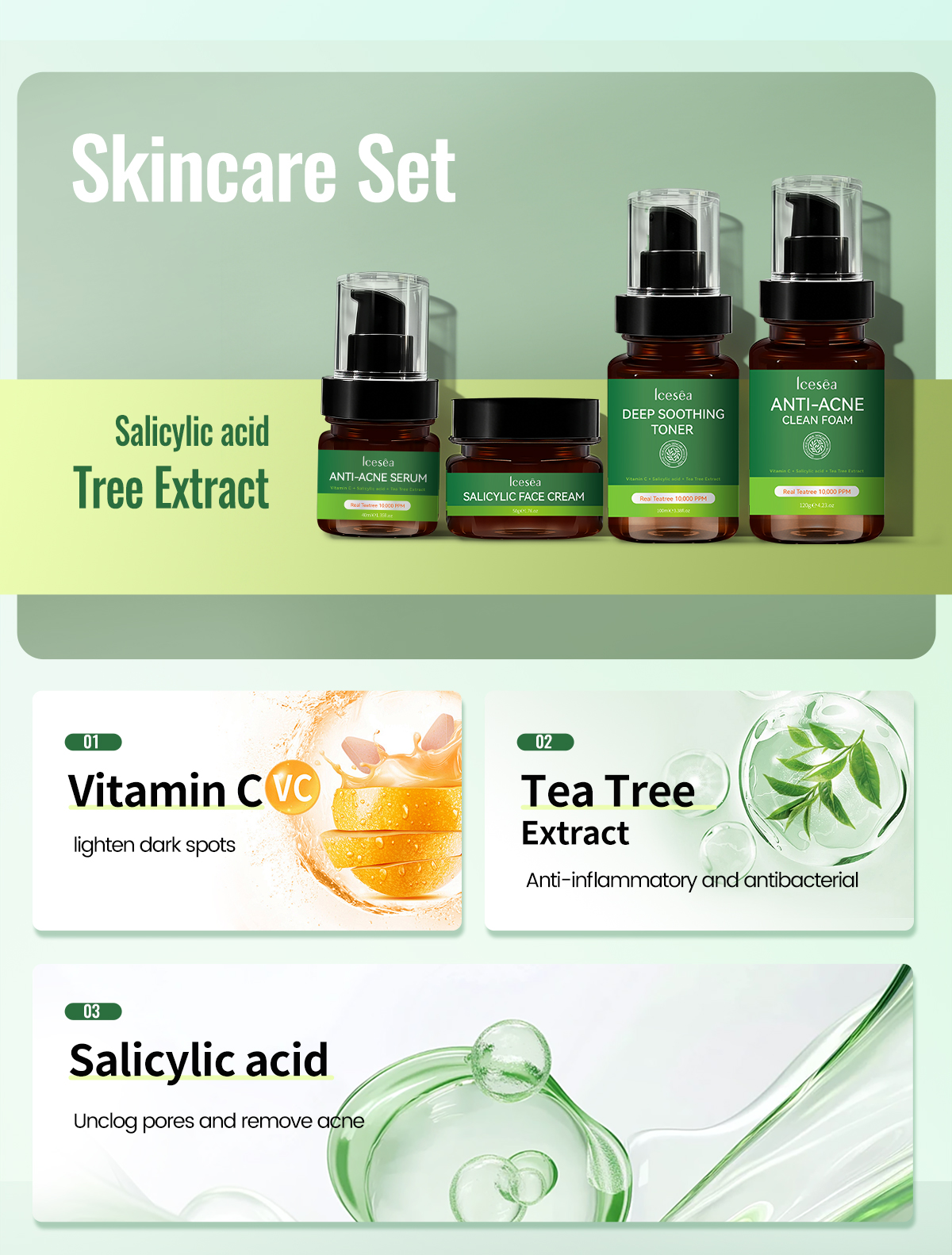 ICESEA Premium Australian Tea Tree Salicylic Acid Acne Care Set Mild Plant-Based Exfoliator Acne Scar Remover Serum Collection(pic7)