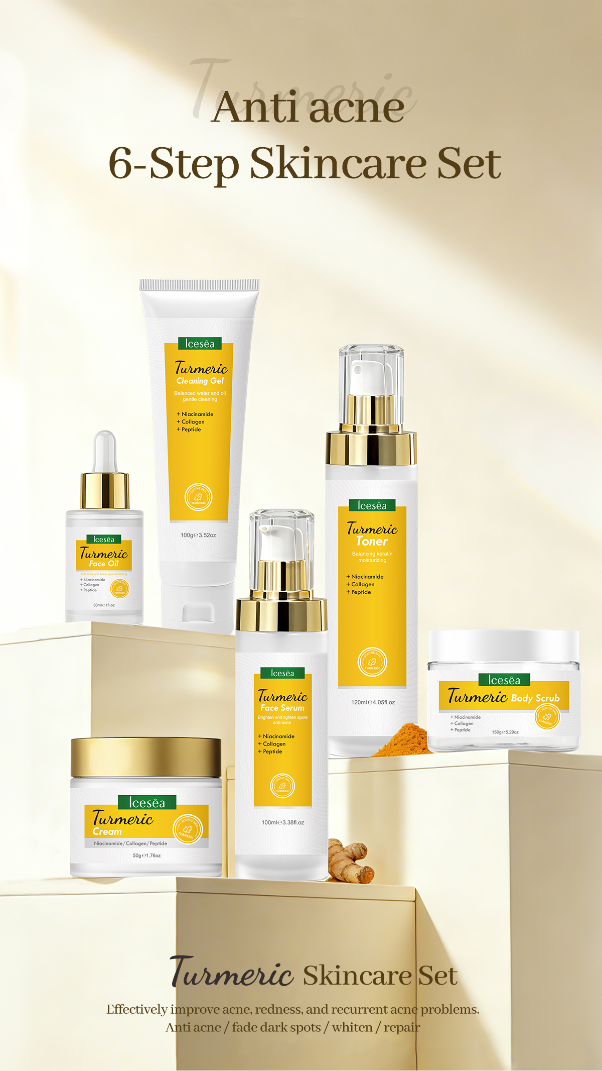 Private Label Turmeric Skincare Set 6-in-1 Cleanser Toner Serum Cream OEM Face Care Kit(pic1)